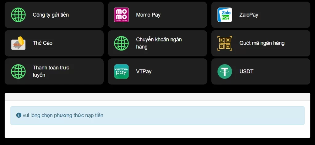 Chọn 1 trong 9 lựa chọn nạp tiền tiện lợi của nhà cái